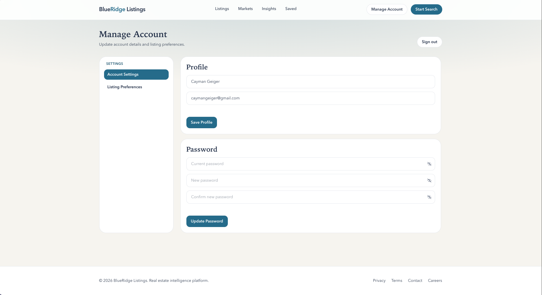 BlueRidge Listings Account Settings