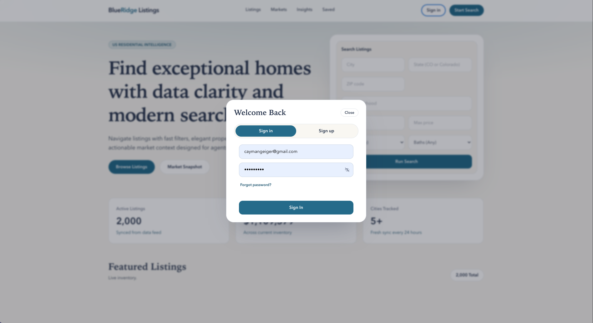 BlueRidge Listings Sign In