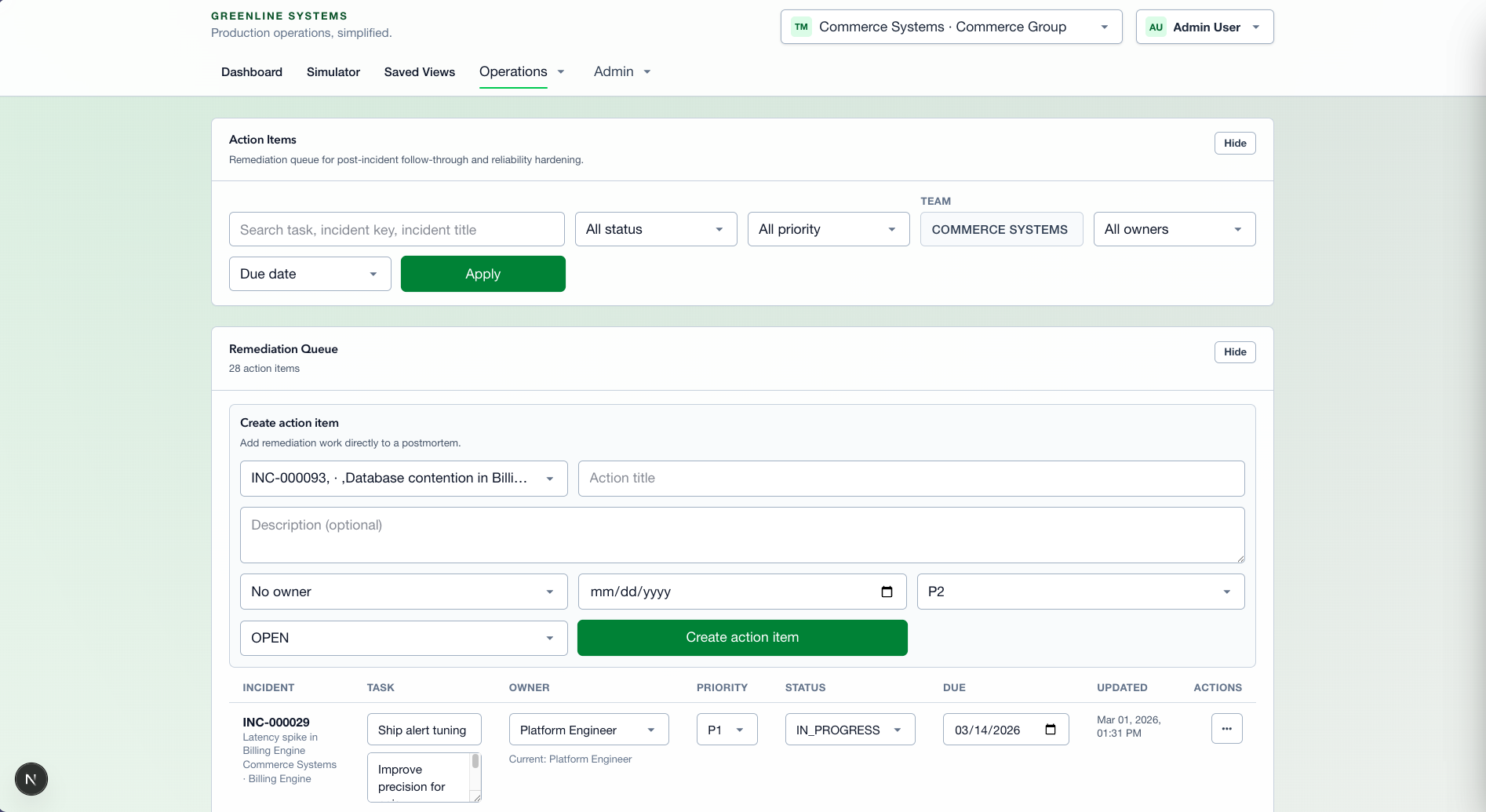 Green-Line Systems Action Items