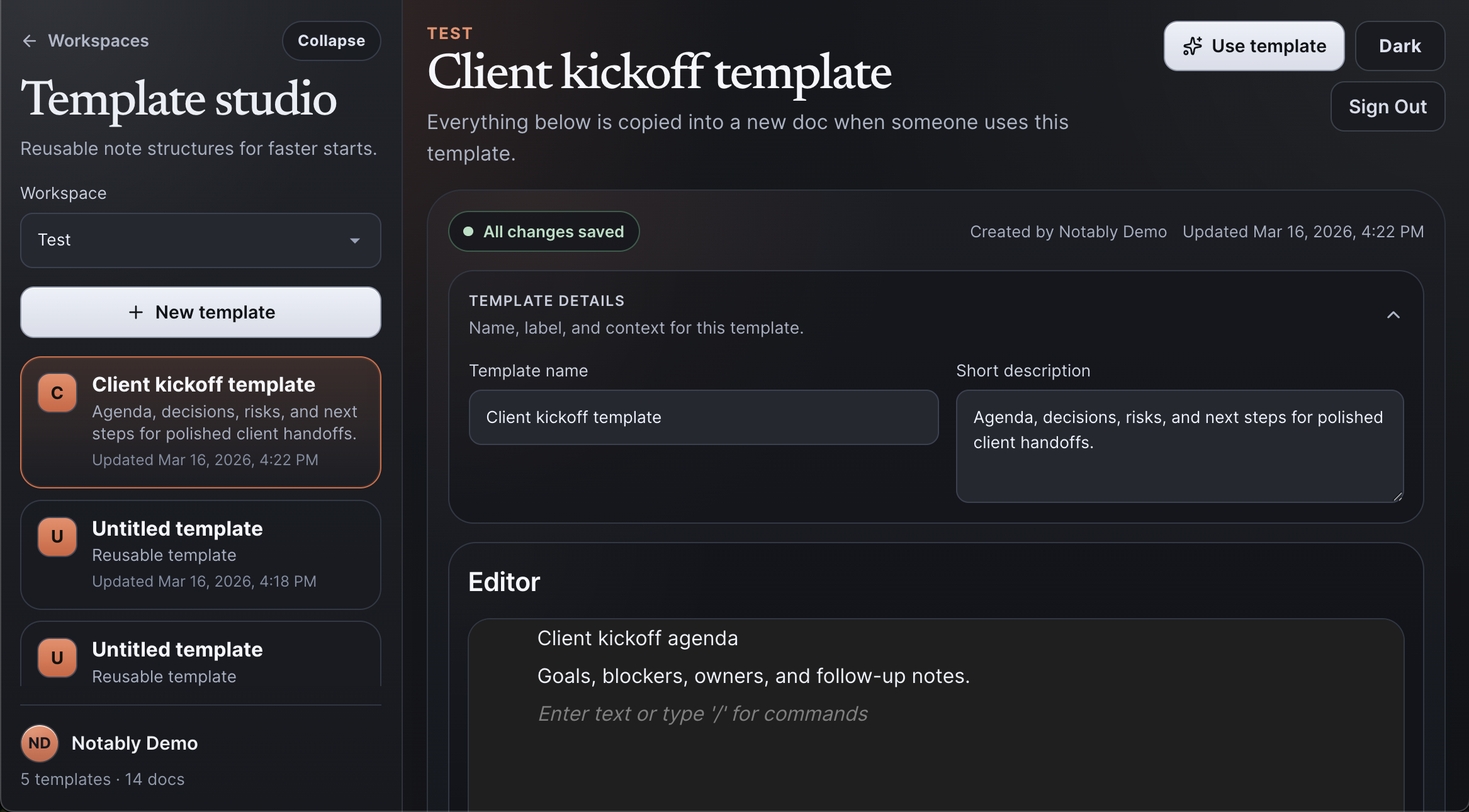 Notably Template Studio Dark Mode